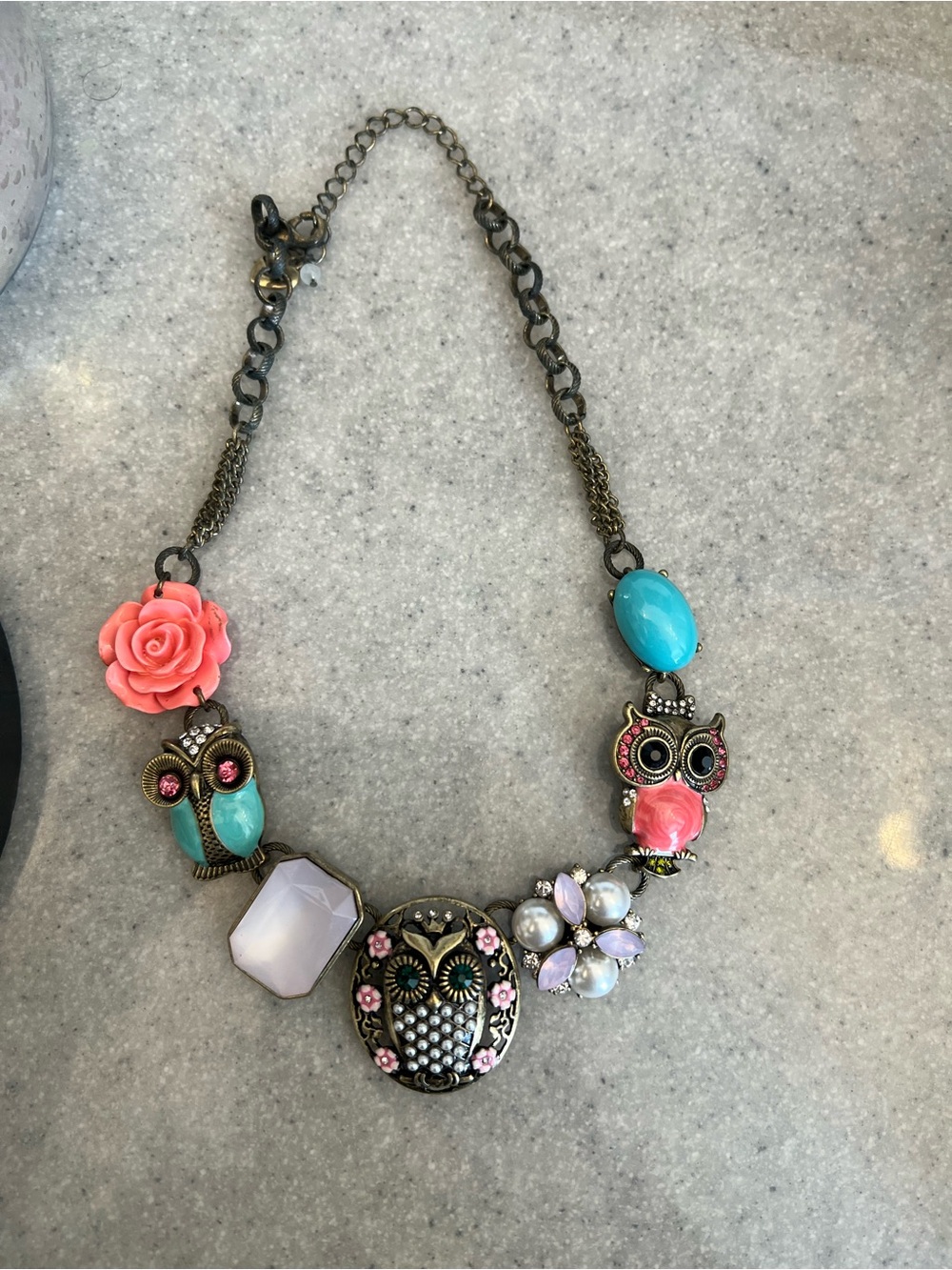 Betsey Johnson Owl Necklace with Pink Rose & Turquoise Accents